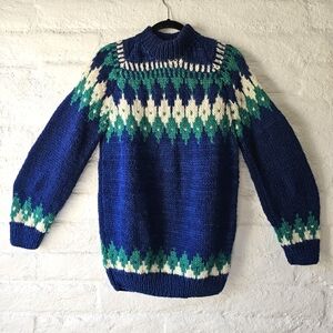 VTG 80'S Chunky Handknit Wool Fair Isle Fisherman's Sweater Sz M